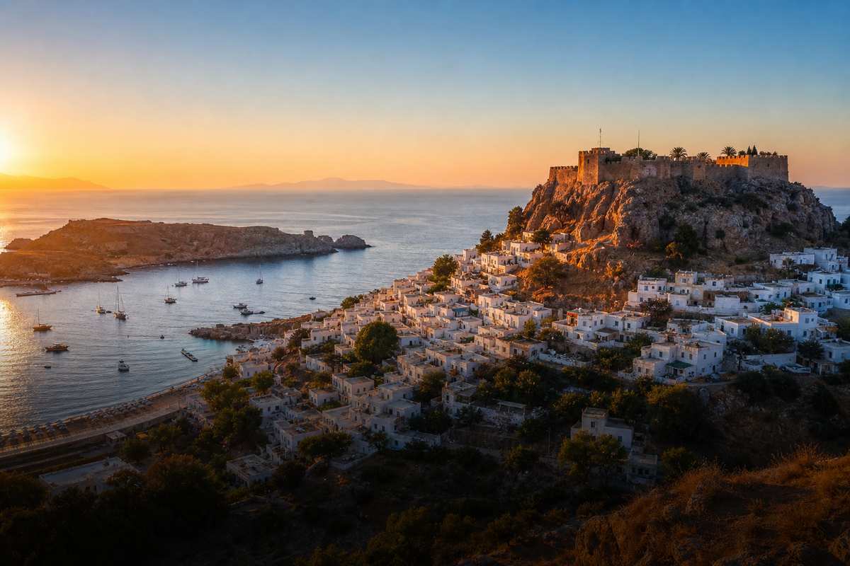 Rhodes island aerial view at sunset